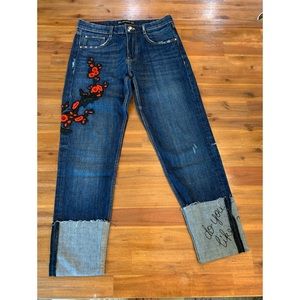 Zara Dark Blue Jeans with Red Floral Embroidery